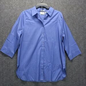 Chico's 2 Large Faux Popover No Iron Cotton 3/4 Sleeve Blue Button Shirt NEW